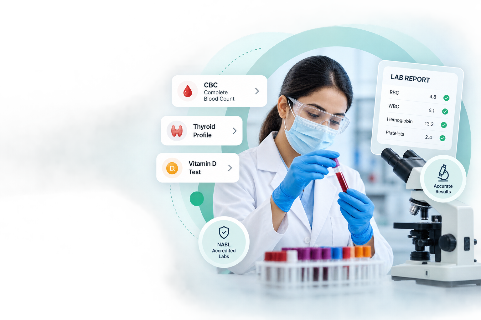 Pathology laboratory with blood testing, microscope and diagnostic reports